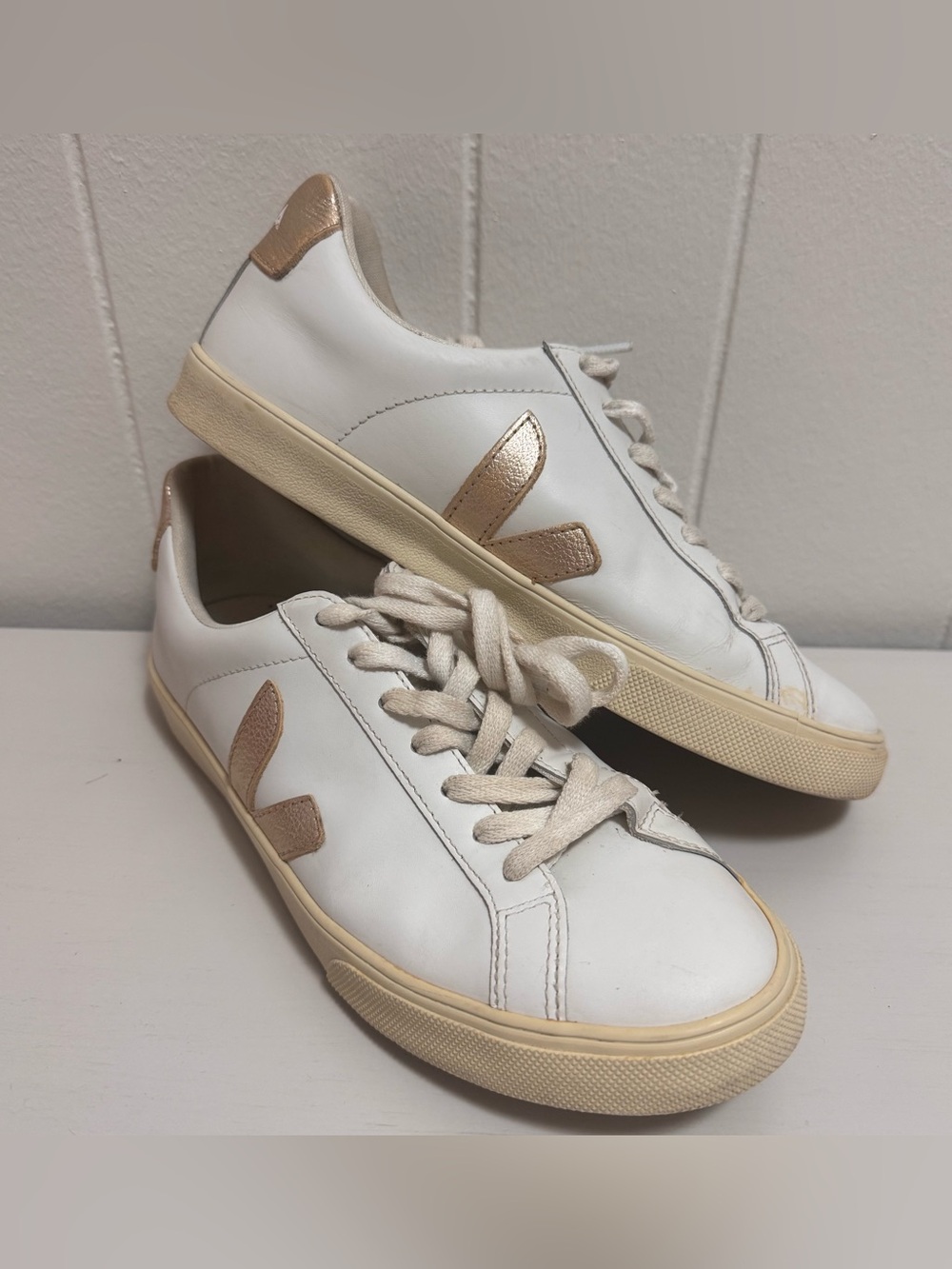 Veja White Leather Campo Sneakers with Gold V Logo 7
